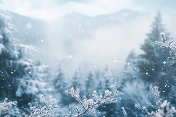 Winter snowflakes and frost with mountain landscape of forest background