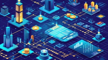Integrated hybrid energy storage systems, wealth accumulation graph, blockchain ledger with highvalue entries, flat design illustration