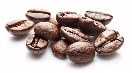 Roasted java beans on a white backdrop.