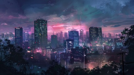 Naklejka premium Cityscape landscape, Digital painting, Anime style.