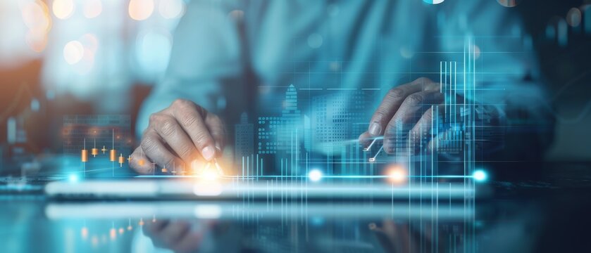 Hands working on a computer with digital graphs and data overlaid, representing modern technology, analytics, and business innovation.