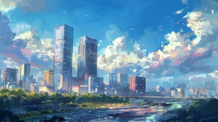 Naklejka premium Cityscape landscape, Digital painting, Anime style.
