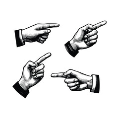 Hand drawn illustration hand pointing a finger in a direction sign. Black and white hand with index finger pointing to something drawing vector illustration