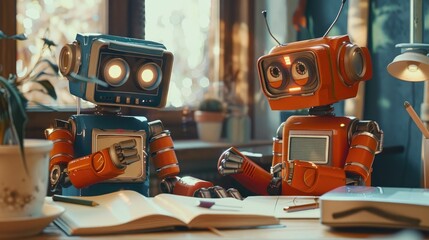 Robotic characters planning in notebook robots organizing tasks digitally