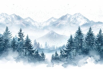 Foggy Winter snowflakes and pine tree frost with mountain landscape of forest illustration background