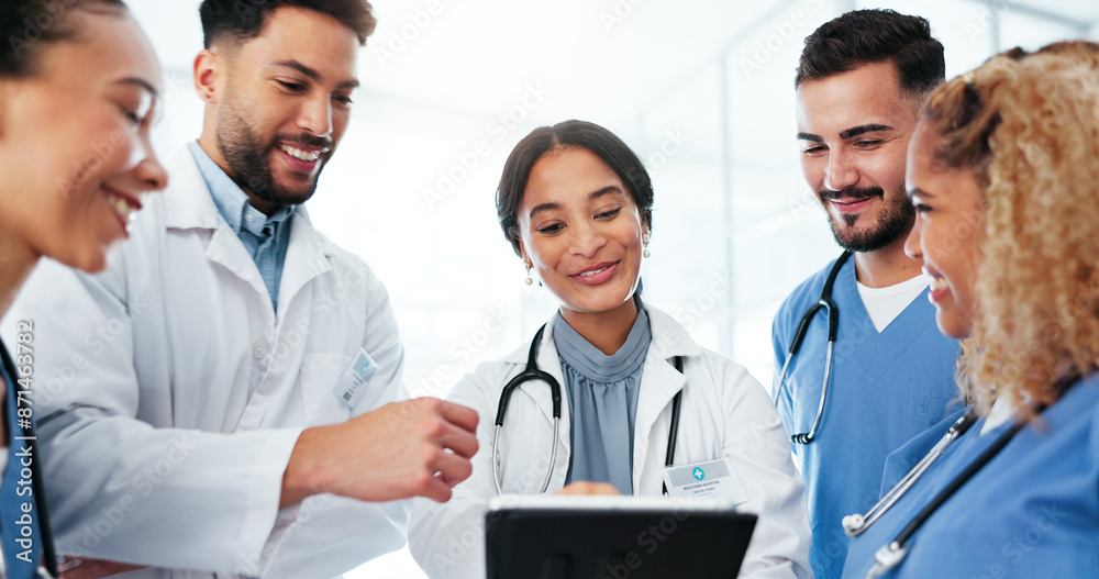 Aufkleber doctor, nurse and team planning on tablet for healthcare research, workflow and collaboration in res