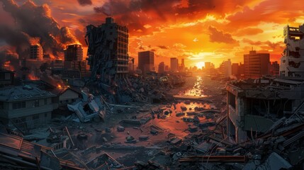 Fototapeta na wymiar Dramatic of a city destroyed by natural disasters, Digital painting, Anime style.