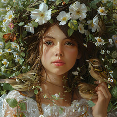 artistic collage of four portraits of women with floral tattoos, beautiful eyes and hair, field background, in the style of fantasy, hyper realistic oil painting, cinematic lighting flower