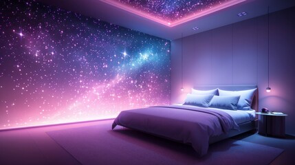 Modern bedroom with a stunning galaxy-themed wall and ambient pink lighting, creating a relaxing and dreamy atmosphere.