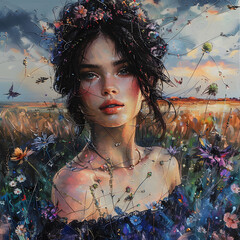 artistic collage of four portraits of women with floral tattoos, beautiful eyes and hair, field background, in the style of fantasy, hyper realistic oil painting, cinematic lighting flower