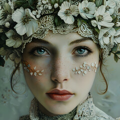 artistic collage of four portraits of women with floral tattoos, beautiful eyes and hair, field background, in the style of fantasy, hyper realistic oil painting, cinematic lighting flower