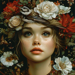 artistic collage of four portraits of women with floral tattoos, beautiful eyes and hair, field background, in the style of fantasy, hyper realistic oil painting, cinematic lighting flower
