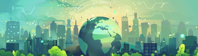 Environmental tech integration, declining market indicators, blockchainbased economic data, flat design illustration