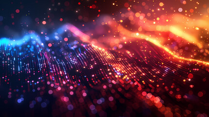 Obraz premium Abstract digital landscape with glowing dots and vibrant colors, representing data waves and futuristic technology.