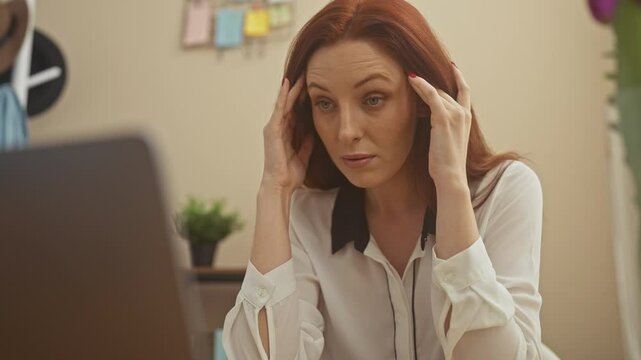 Stressed woman with a headache working on a laptop in a home office environment.