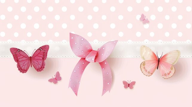 Theme for a baby girl featuring three butterflies and a pink ribbon with polka dots