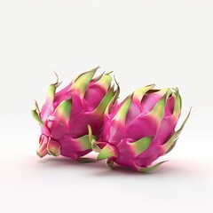 Two fresh dragon fruits isolated on a white background. Tropical fruit with vibrant pink and green skin. Concept of healthy eating, exotic fruits and vegetarian food.