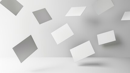 Mockup of blank business cards floating in the air against a white backdrop