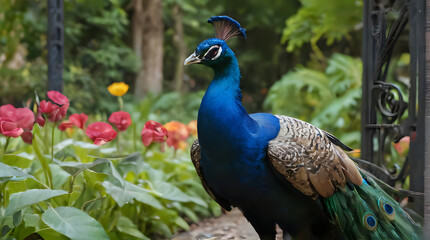 peacock standing in front of a garden with flowers and trees