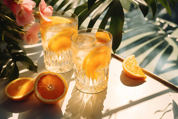 Refreshing Orange Drink on Tabletop, Citrus Slice and Ice in Glass