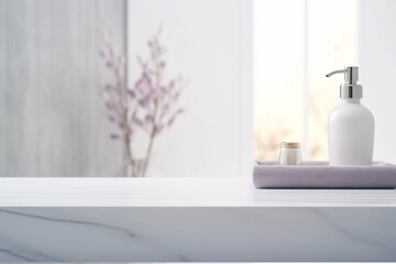 White Bathroom Counter with Lotion and Towels, Clean and Minimalist Skincare Interior Design