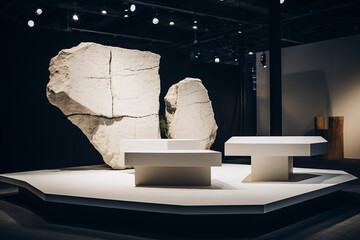 Elegant White Marble Objects Including Podium Cylinders and Tables, Minimalist and Modern Design, Luxury Architectural Decor