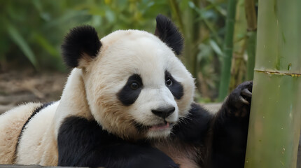 Fototapeta premium panda bear sitting on the ground with his paws on a bamboo pole
