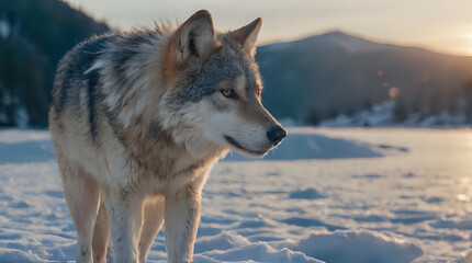 Obraz premium a wolf standing in the snow with the sun setting