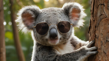 a koala wearing sunglasses and leaning on a tree