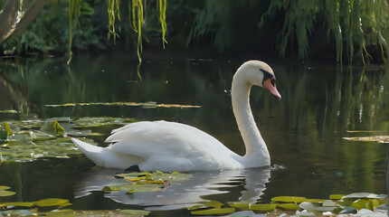 Fototapeta premium a white swan swimming in a pond with lily pads