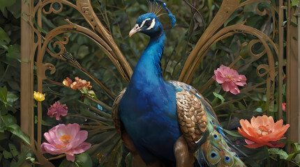 Fototapeta premium peacock standing in front of a gate with flowers and vines