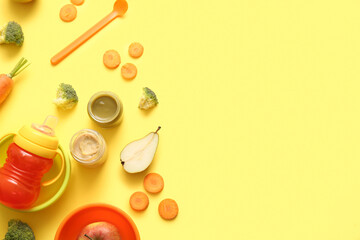 Composition with healthy baby food, ingredients and accessories on yellow background