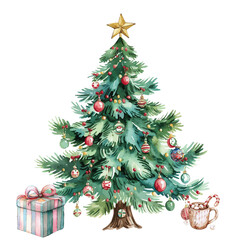 Water color Christmas Tree with present box vector