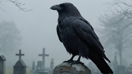 Fototapeta premium a black bird sitting on a tombstone in a cemetery