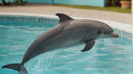 Obraz premium dolphin jumping out of the water in a pool with a blue wall