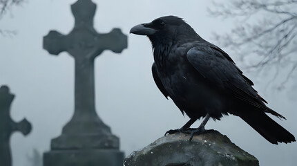 a black bird sitting on a grave in a cemetery