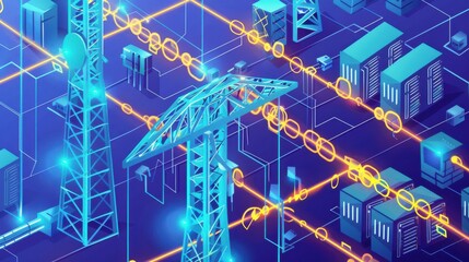 Smart grid components, backup energy storage, broken blockchain chain, flat design illustration