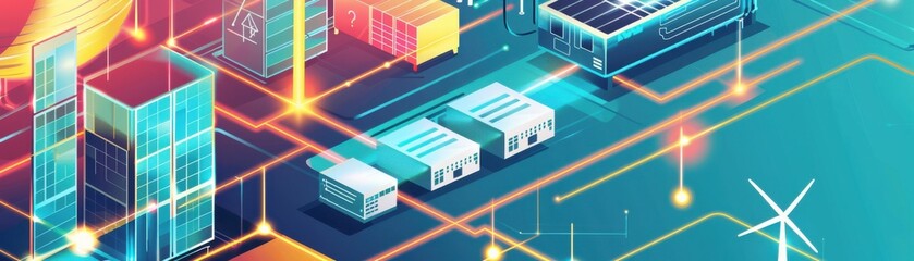 Fototapeta premium Energy storage solutions for remote areas, significant asset accumulation, resilient blockchain system, flat design illustration