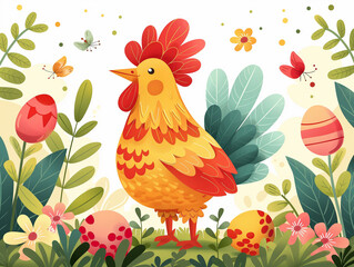 Fototapeta premium 一只站立的鸡和一堆鸡蛋卡通插画