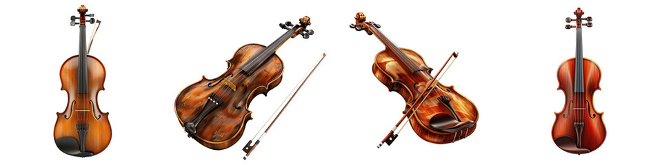 Four beautifully crafted violins displayed from different angles against a white background, highlighting their intricate details.