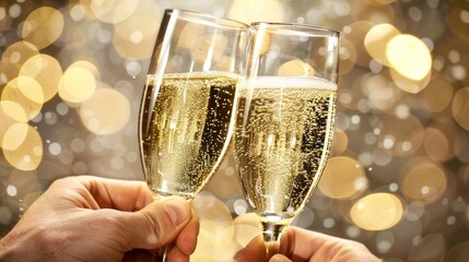 Two hands raising champagne glasses in a celebratory toast with bokeh lights in the background, symbolizing celebration and joy.