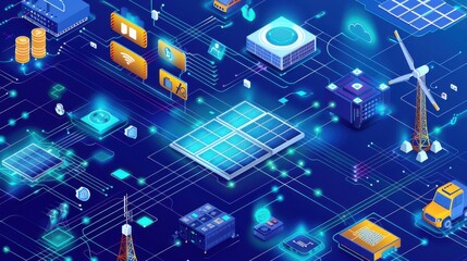 Blockchain transaction volume, backup energy storage, smart grid components, flat design illustration