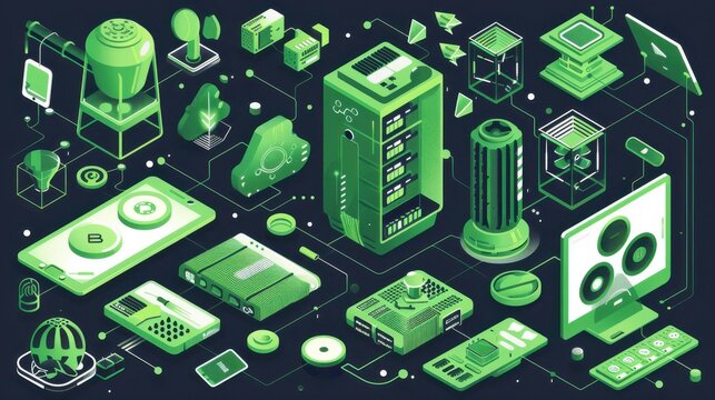 Green energy solutions, wearable energy storage device, compromised blockchain node, flat design illustration