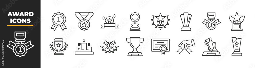 Wall mural set of 16 award line icons set. award outline icons with editable stroke collection. includes trophy