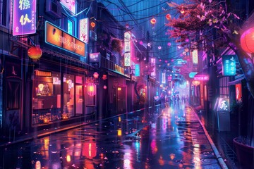 Fototapeta premium A Vibrant Neon lit Street in an Urban Area on a Rainy Night