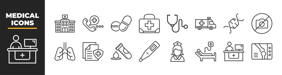 Set of 16 Medical line icons set. Medical outline icons with editable stroke collection. Includes thermometer, ambulance and medicine on white background flat vector illustration