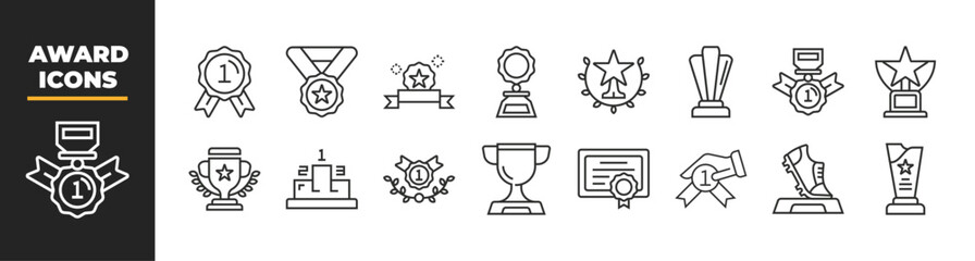 Set of 16 Award line icons set. Award outline icons with editable stroke collection. Includes Trophy cup, Medal, and Winner prize icon on white background flat vector illustration
