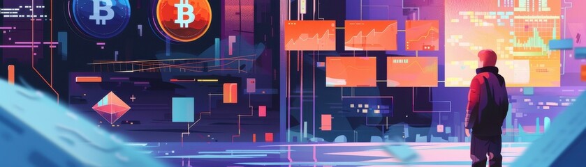 Bankrupt digital market, hacked blockchain wallet, flat design illustration