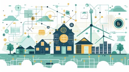 Fototapeta premium Blockchain transactions, ecofriendly technologies, energy storage systems, flat design illustration
