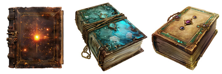 Vintage mystical books collection with ornate covers and intricate designs, perfect for fantasy enthusiasts and magical decor inspiration.